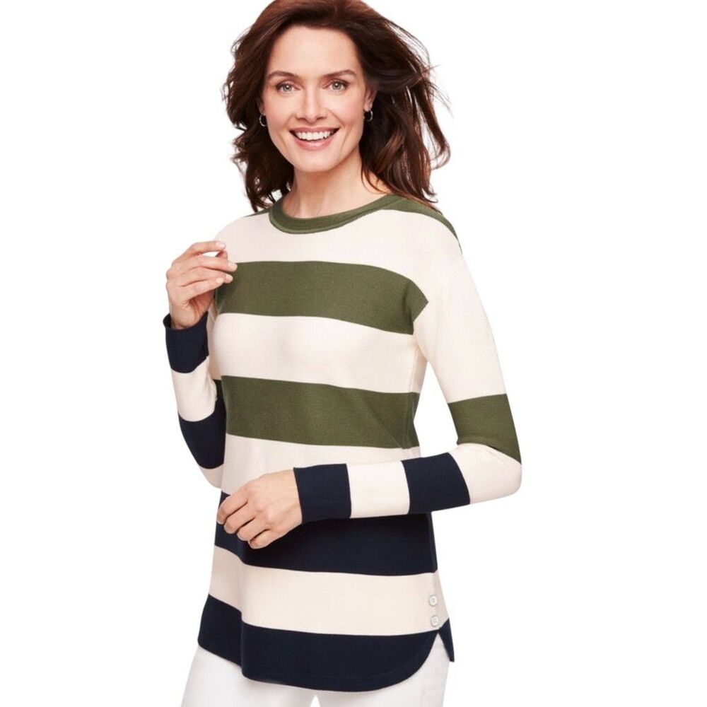 NWOT Talbots Women's SMALL Color Block Crewneck Sweater, Cream, NVB, Olive Green